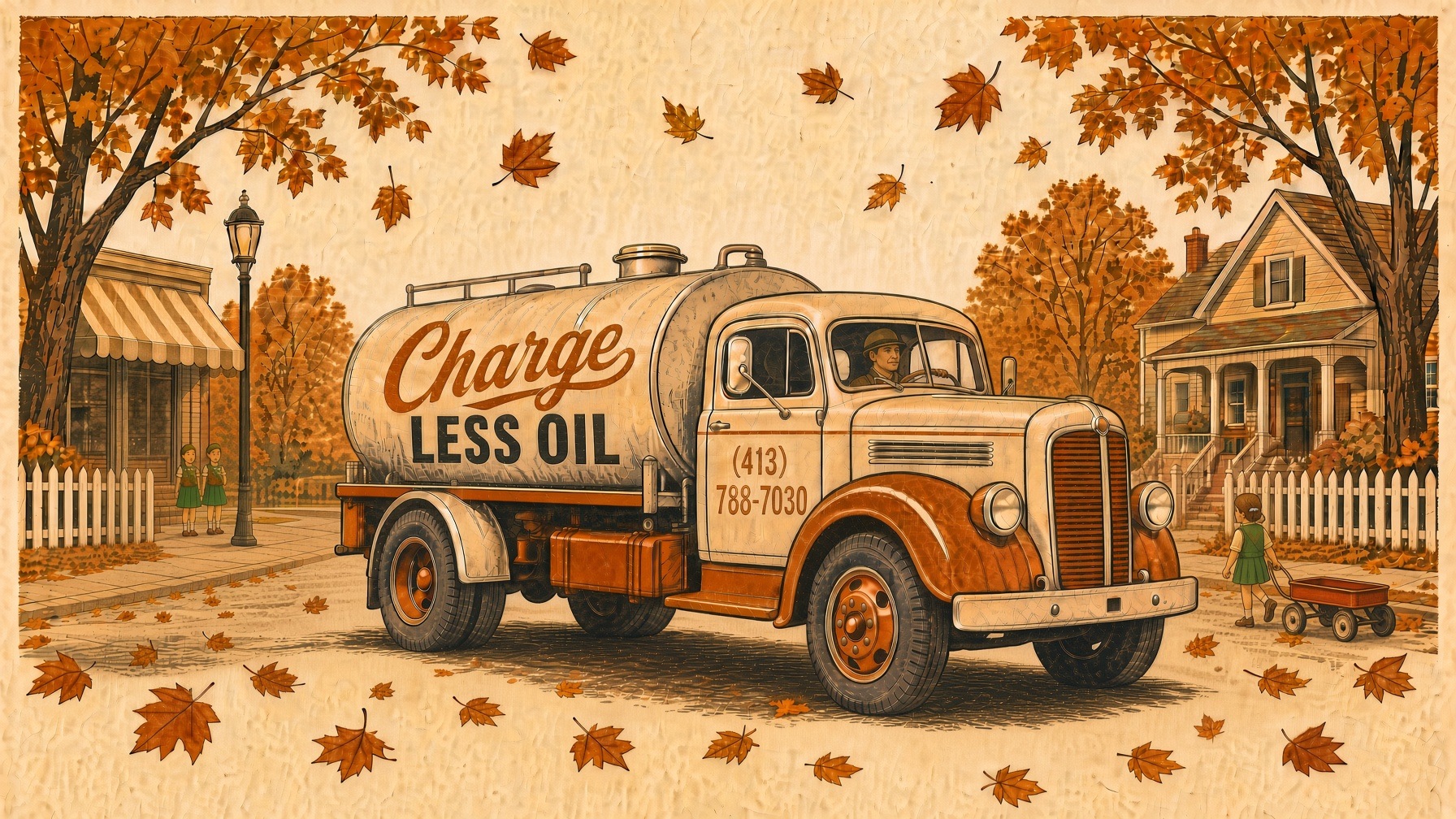 Charge Less Oil tanker in a 1950s neighborhood